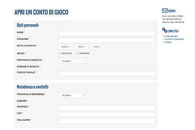 Il form per registrarsi a SNAI