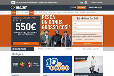 La pagina di approdo di SNAI con prodotti e bonus