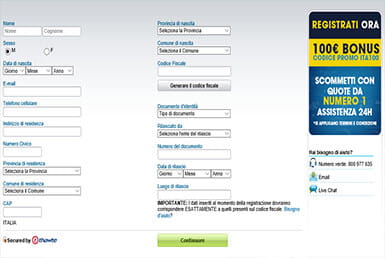 Il form per registrarsi a William Hill